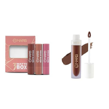 MARS Matte Box Set of 3 Lipsticks for Women (3x3.2 gm) (05-Blushed & Nudes) Matte Liquid Lip Color | Long Lasting | Non-Transfer & Waterproof Lipstick for Women (4.5 ml) (01-Spice Brown)